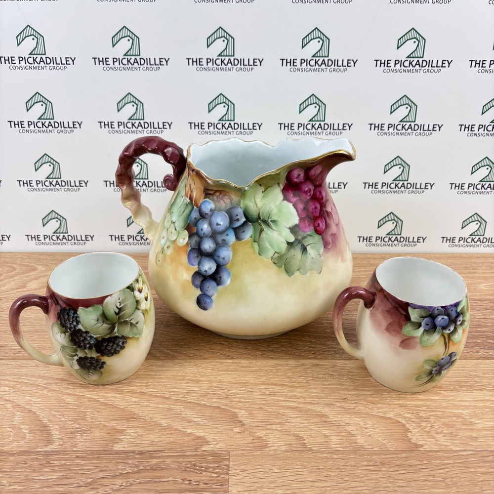 Bavaria Hand Painted Porcelain Fruit Pitcher and Mugs Set Grapes Berries 3pc